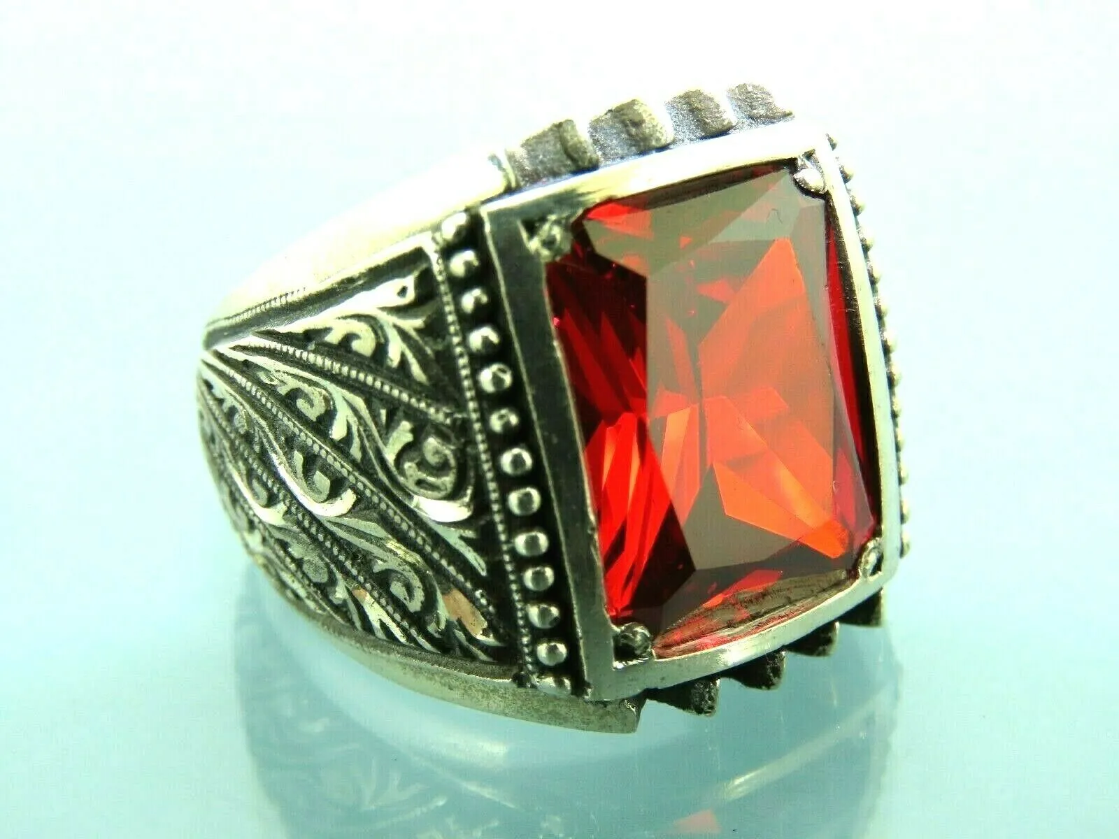 Turkish Handmade Jewelry 925 Sterling Silver Garnet Stone Engraved Mens Rings
