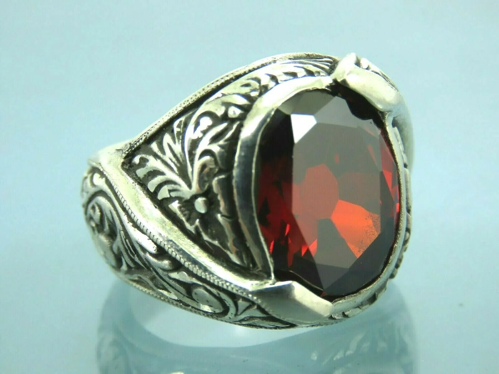 Turkish Handmade Jewelry 925 Sterling Silver Garnet Stone Mens Rings
