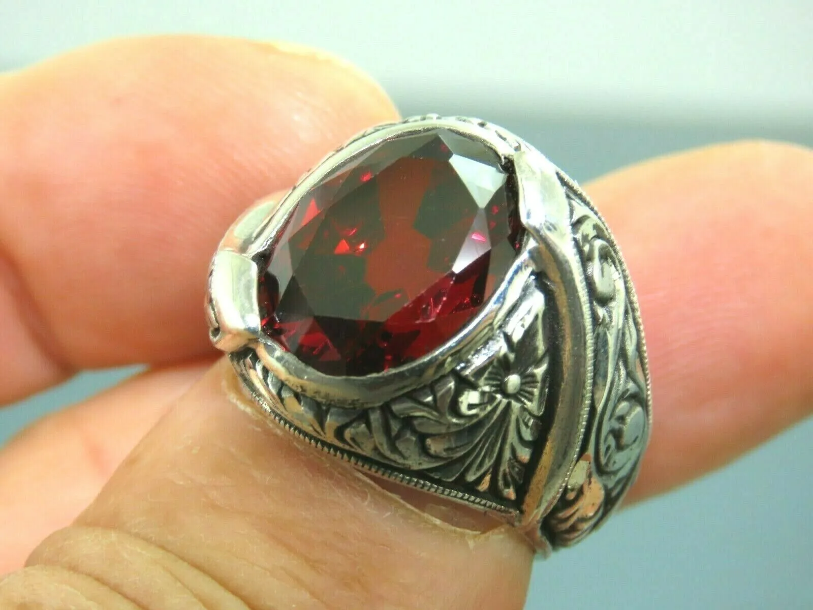 Turkish Handmade Jewelry 925 Sterling Silver Garnet Stone Mens Rings