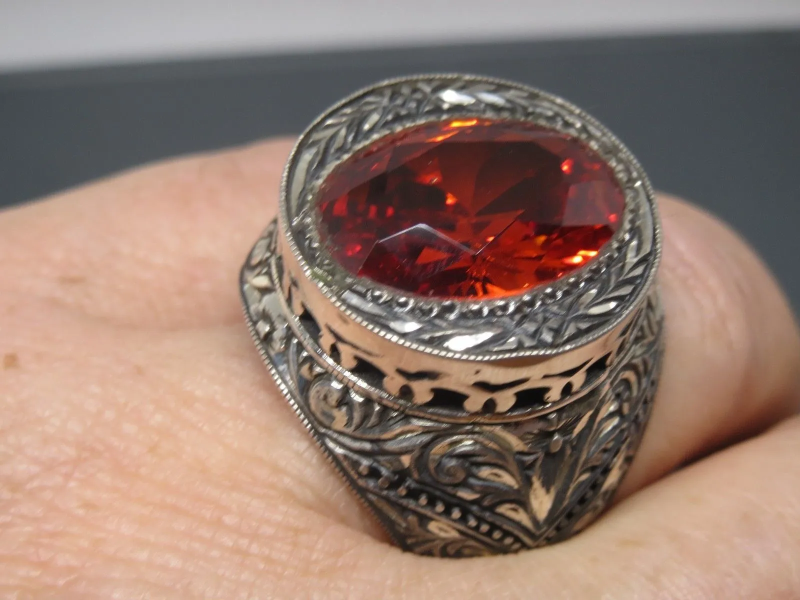 Turkish Handmade Jewelry 925 Sterling Silver Garnet Stone Mens Rings