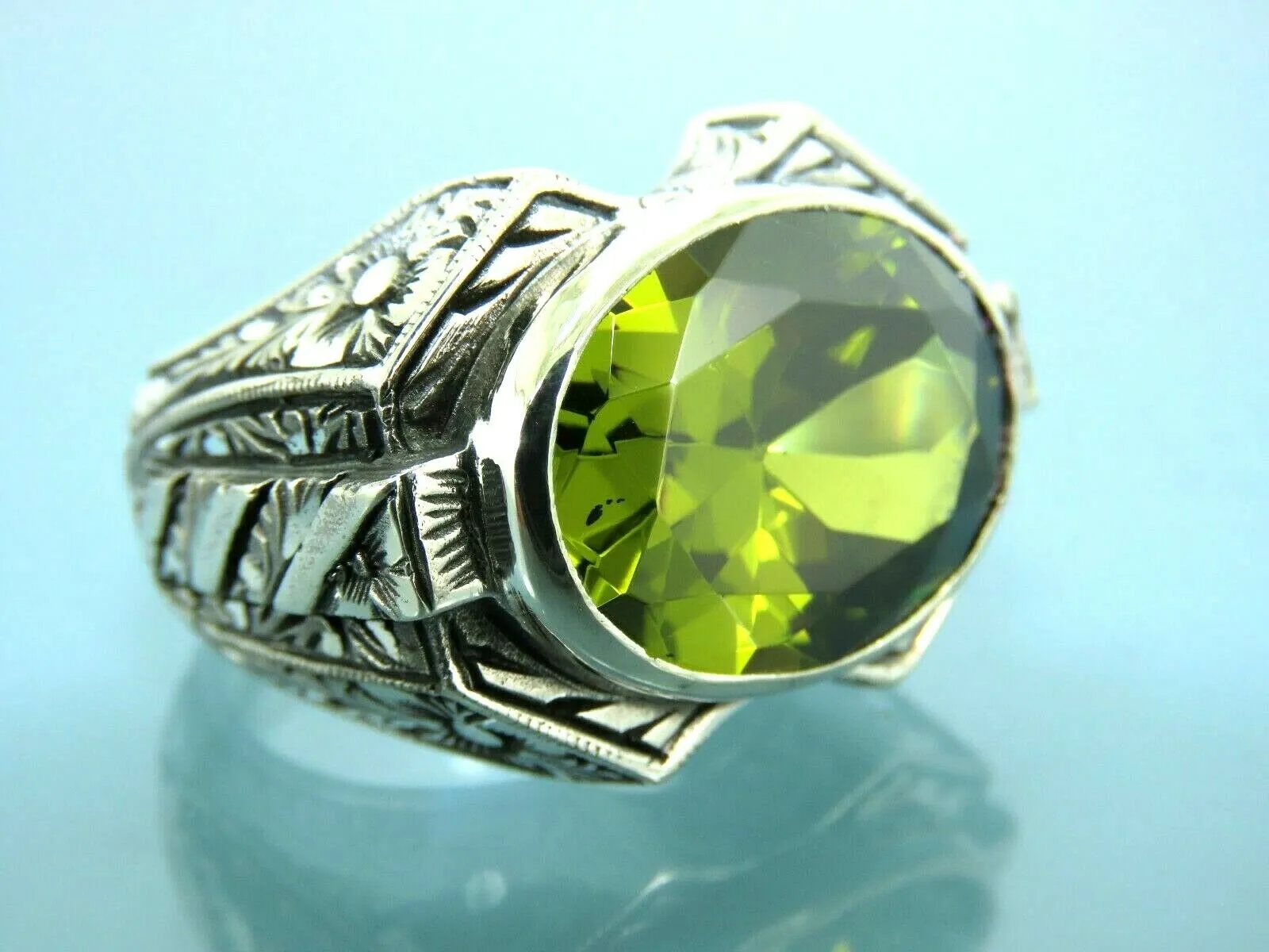 Turkish Handmade Jewelry 925 Sterling Silver Peridot Stone Engraved Mens Rings