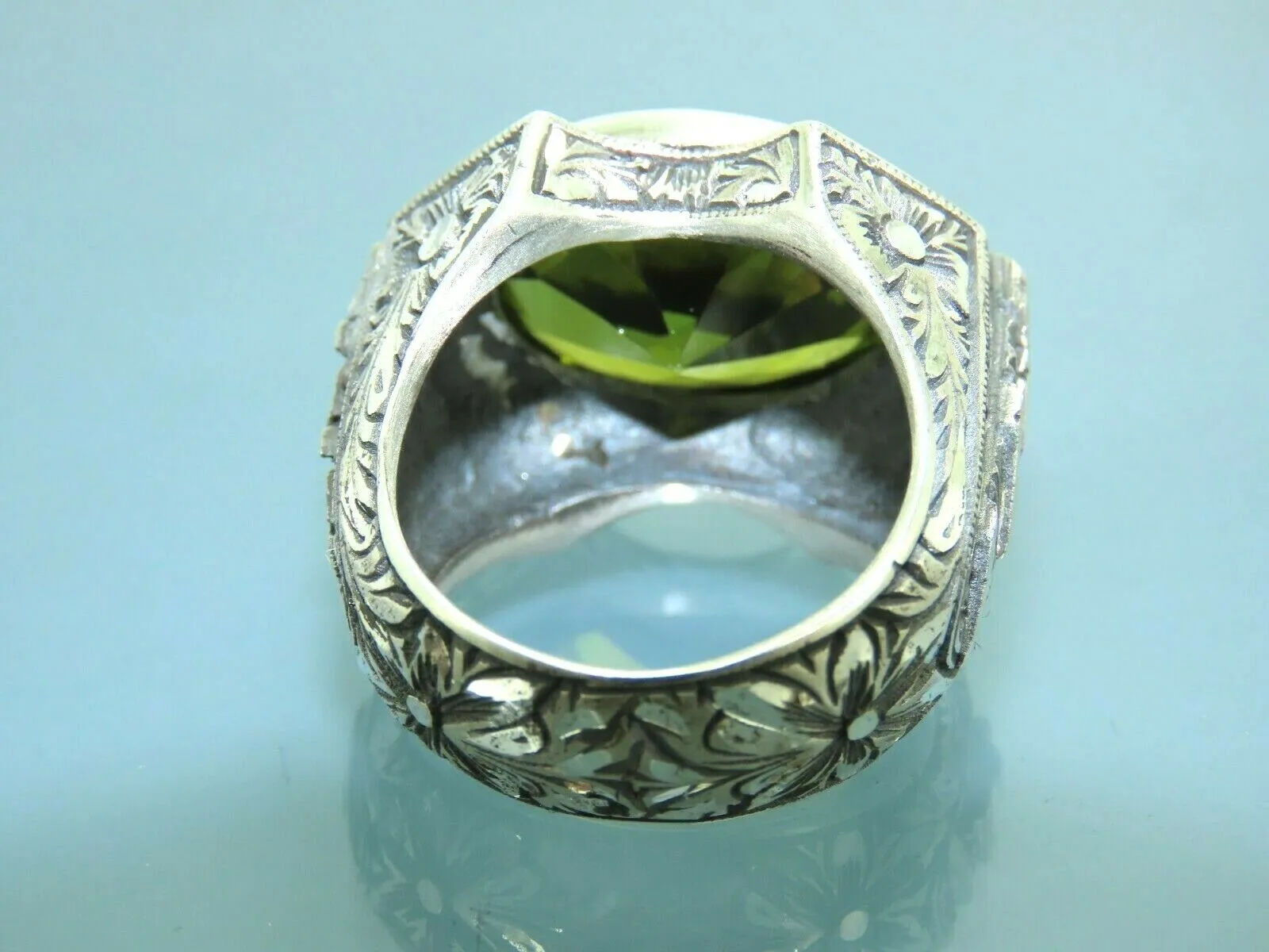 Turkish Handmade Jewelry 925 Sterling Silver Peridot Stone Engraved Mens Rings