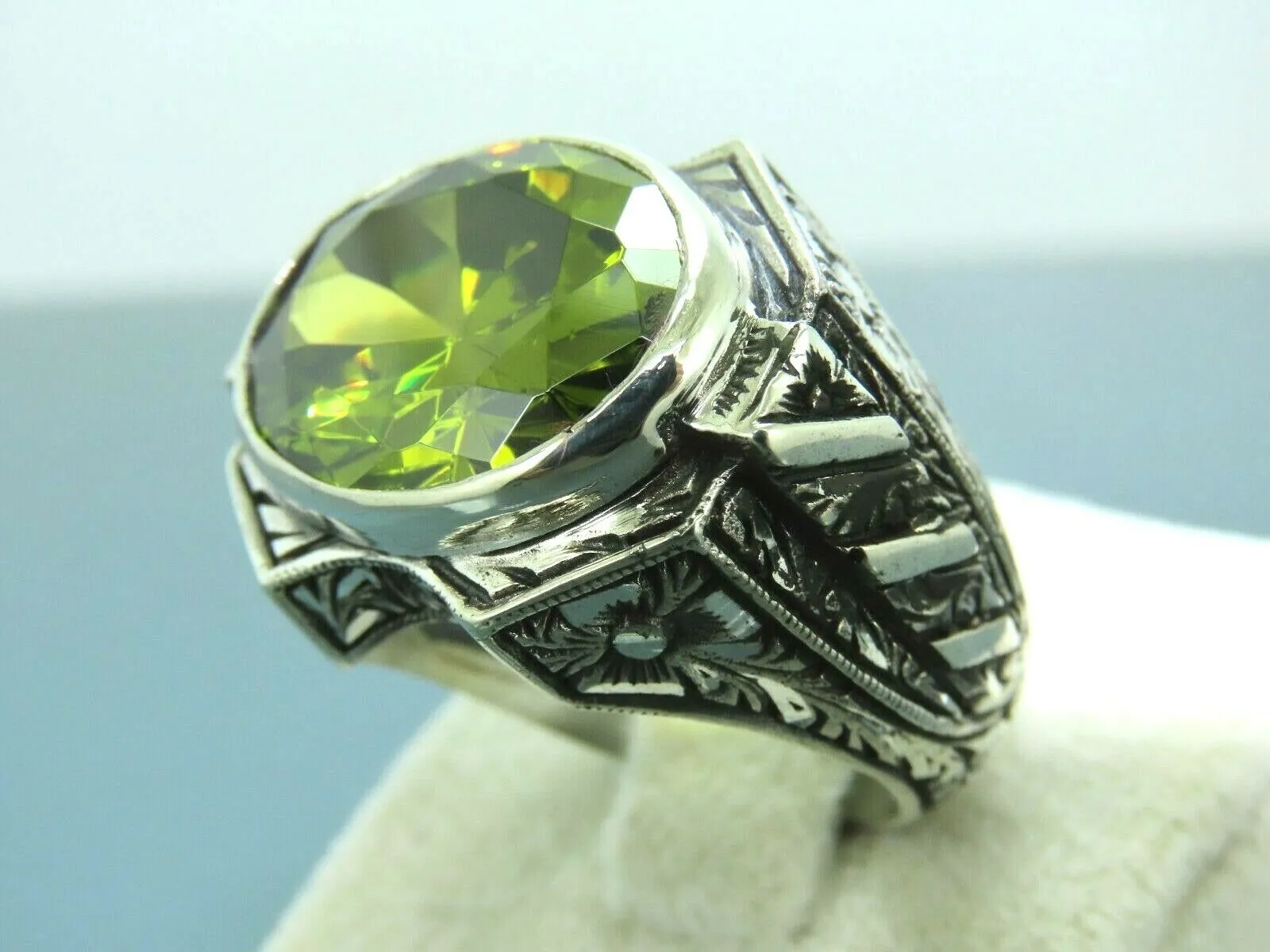 Turkish Handmade Jewelry 925 Sterling Silver Peridot Stone Engraved Mens Rings