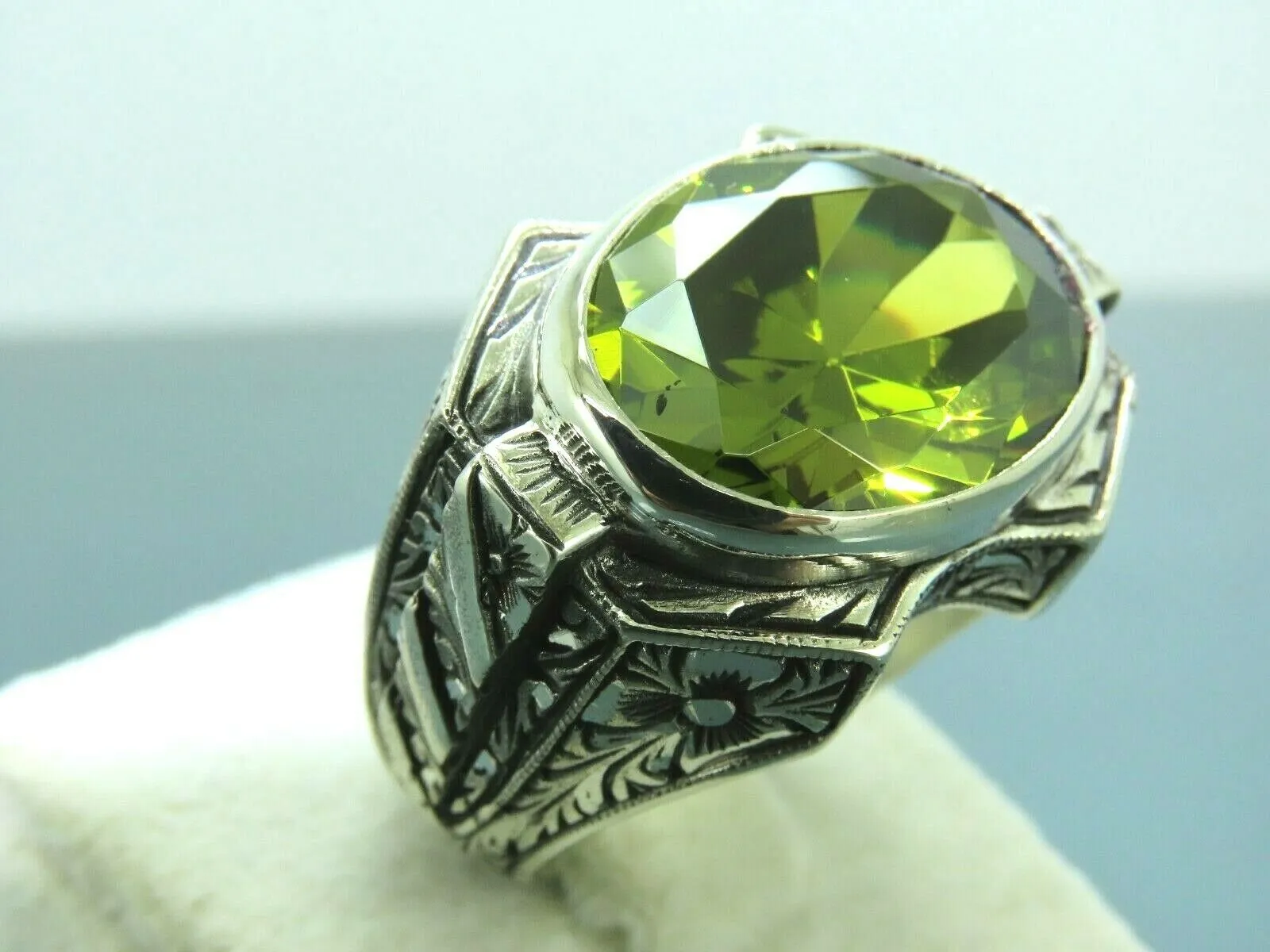 Turkish Handmade Jewelry 925 Sterling Silver Peridot Stone Engraved Mens Rings
