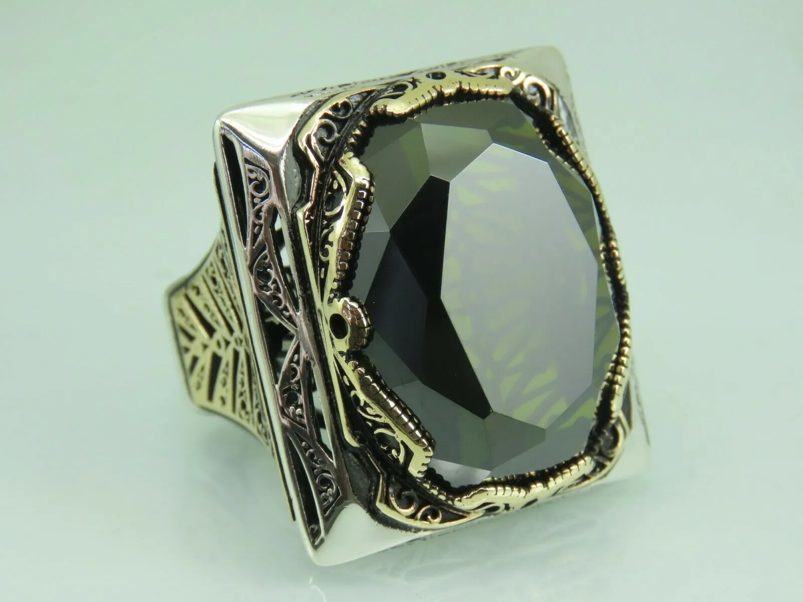 Turkish Handmade Jewelry 925 Sterling Silver Peridot Stone Mens Rings