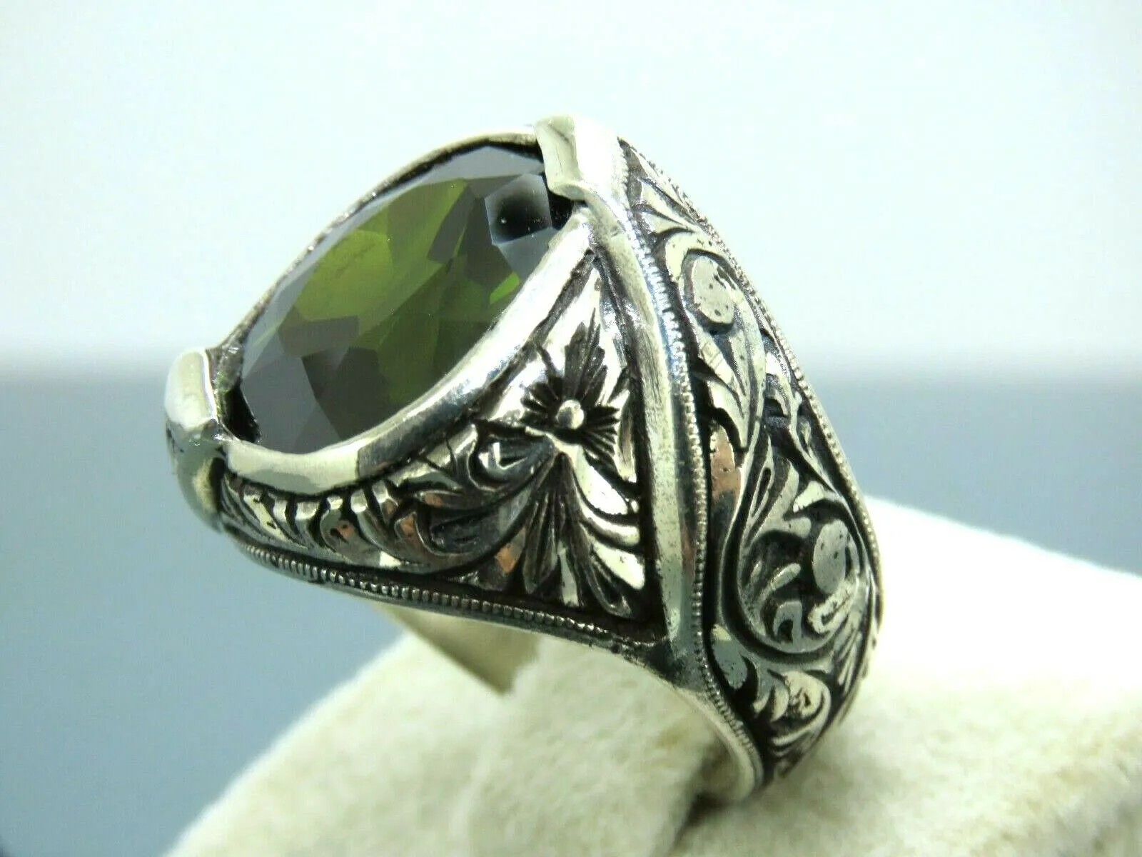 Turkish Handmade Jewelry 925 Sterling Silver Peridot Stone Mens Rings