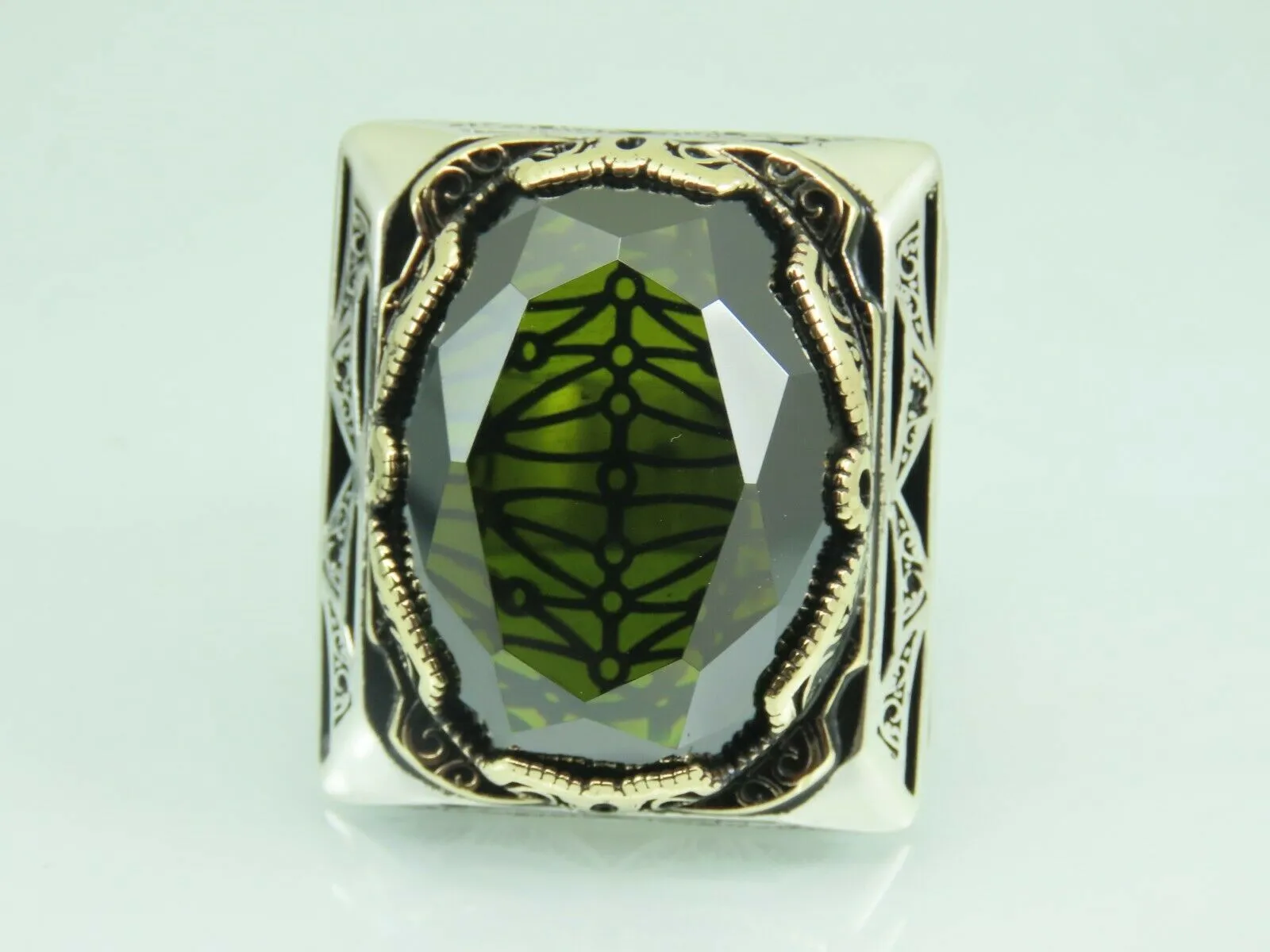 Turkish Handmade Jewelry 925 Sterling Silver Peridot Stone Mens Rings