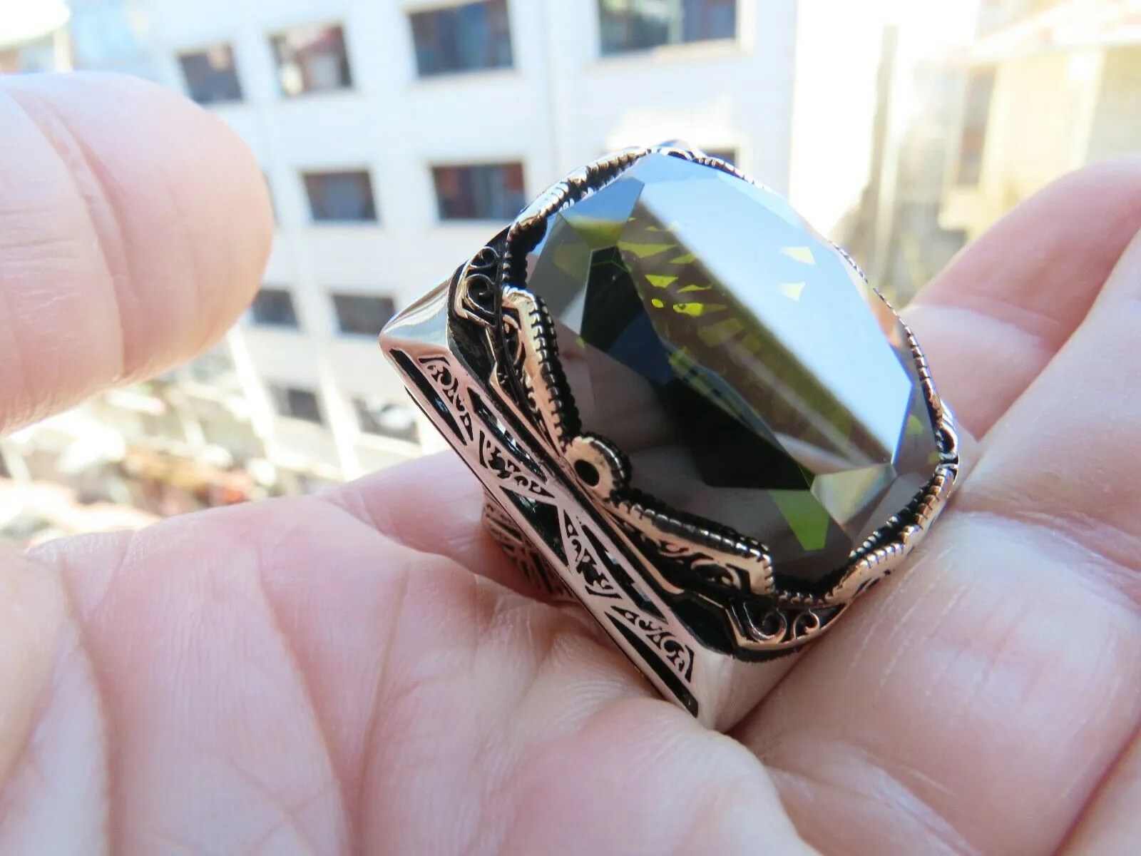 Turkish Handmade Jewelry 925 Sterling Silver Peridot Stone Mens Rings