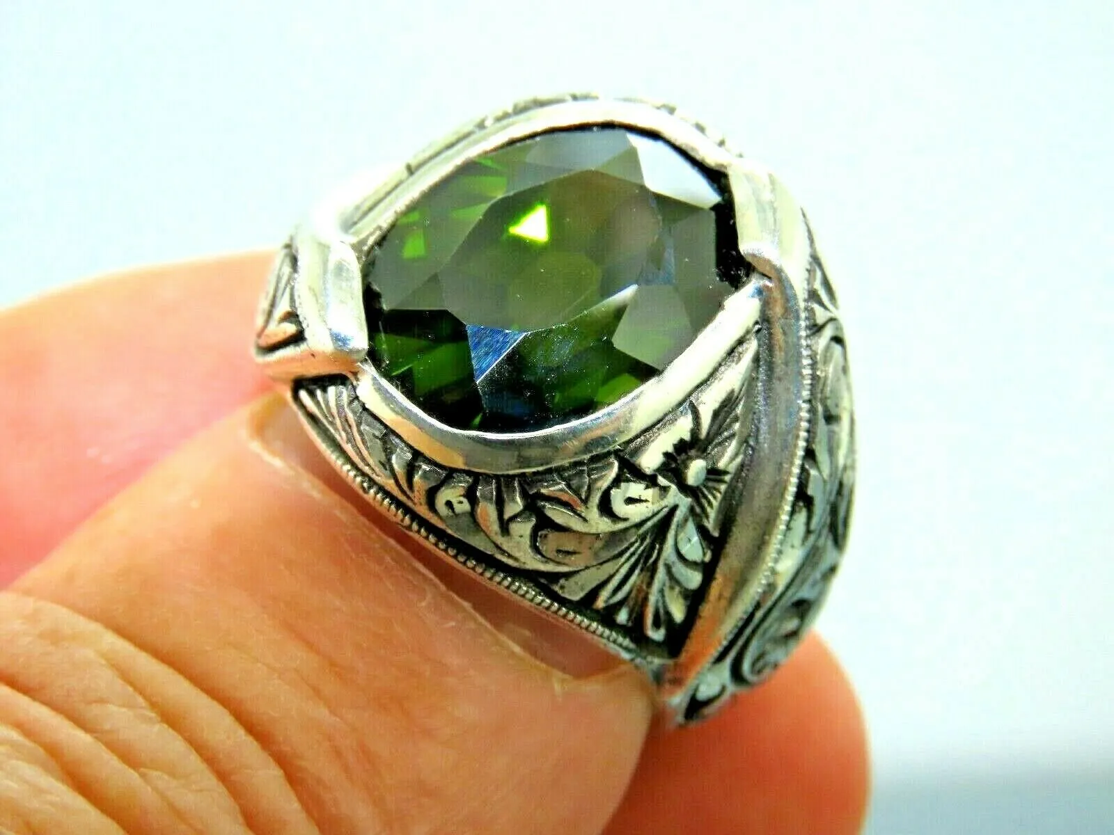 Turkish Handmade Jewelry 925 Sterling Silver Peridot Stone Mens Rings
