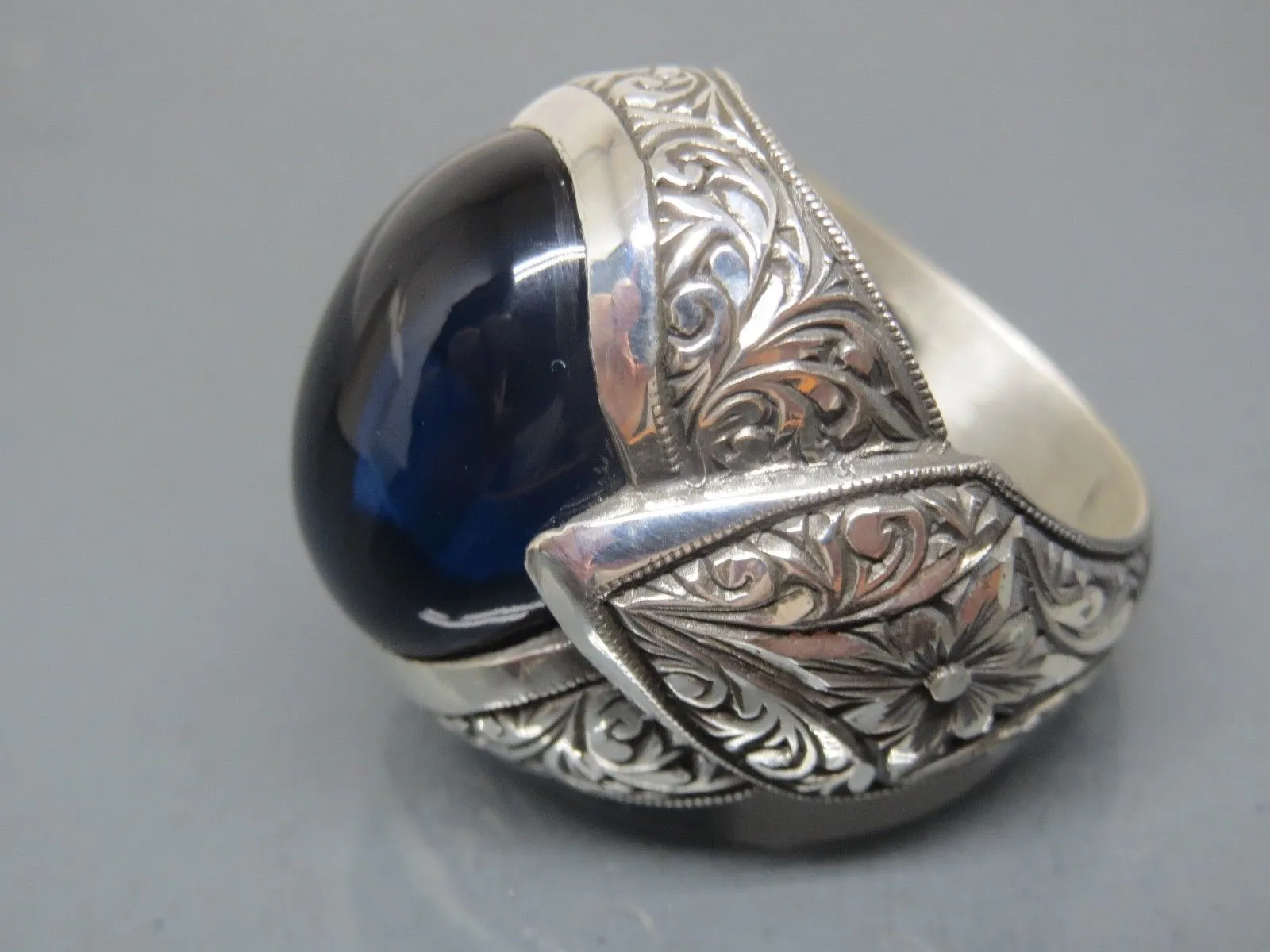 Turkish Handmade Jewelry 925 Sterling Silver Sapphire Stone Engraved Mens Rings