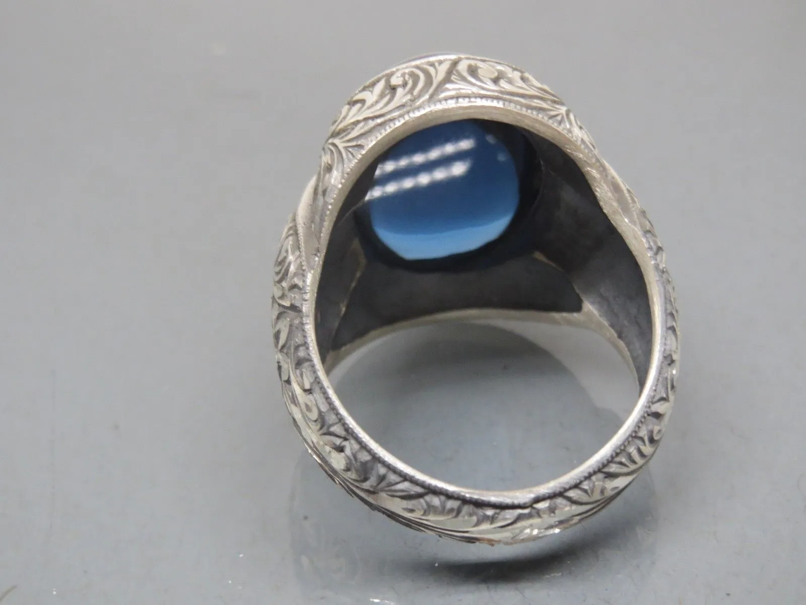 Turkish Handmade Jewelry 925 Sterling Silver Sapphire Stone Engraved Mens Rings