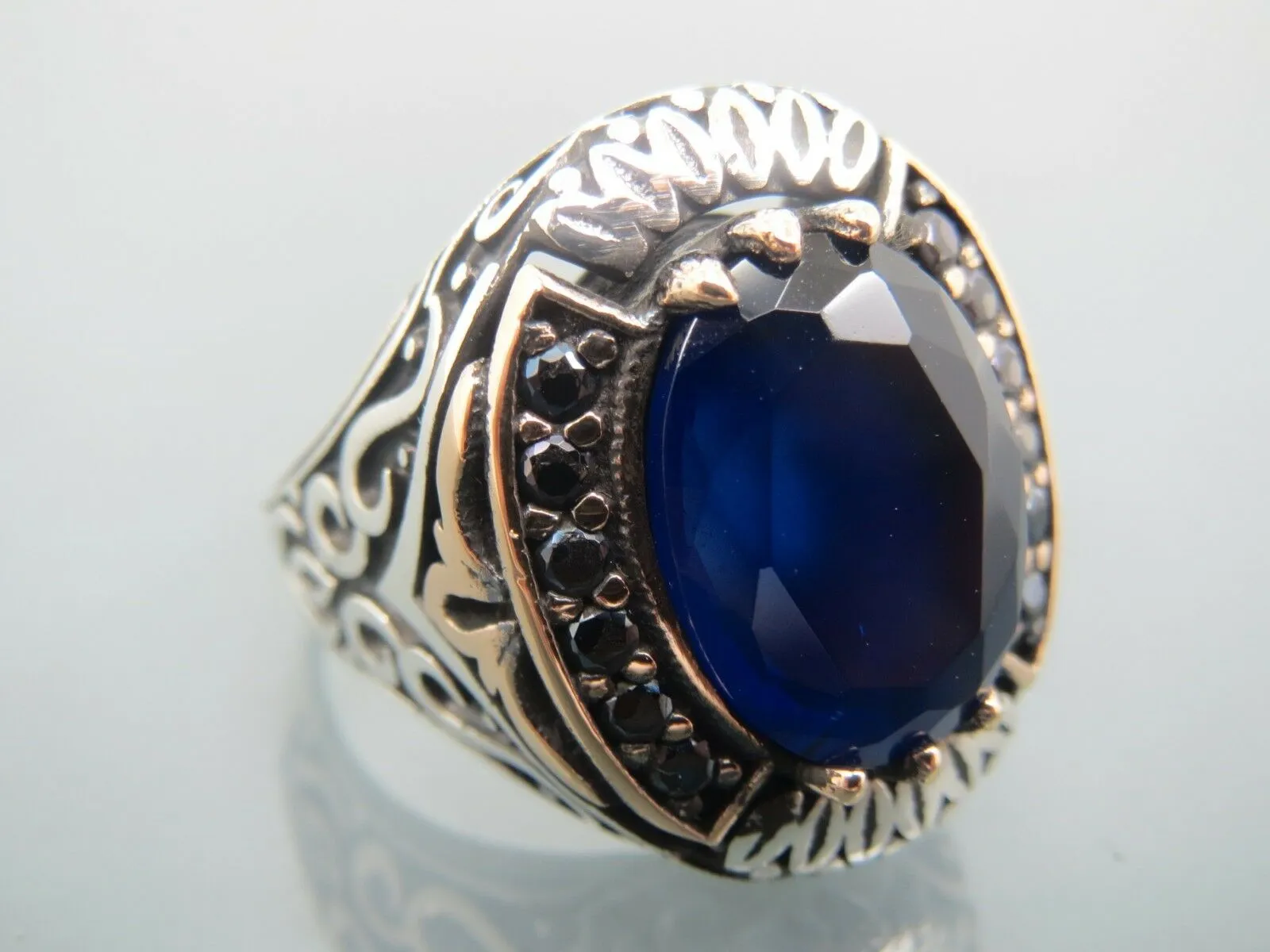 Turkish Handmade Jewelry 925 Sterling Silver Sapphire Stone Mens Rings
