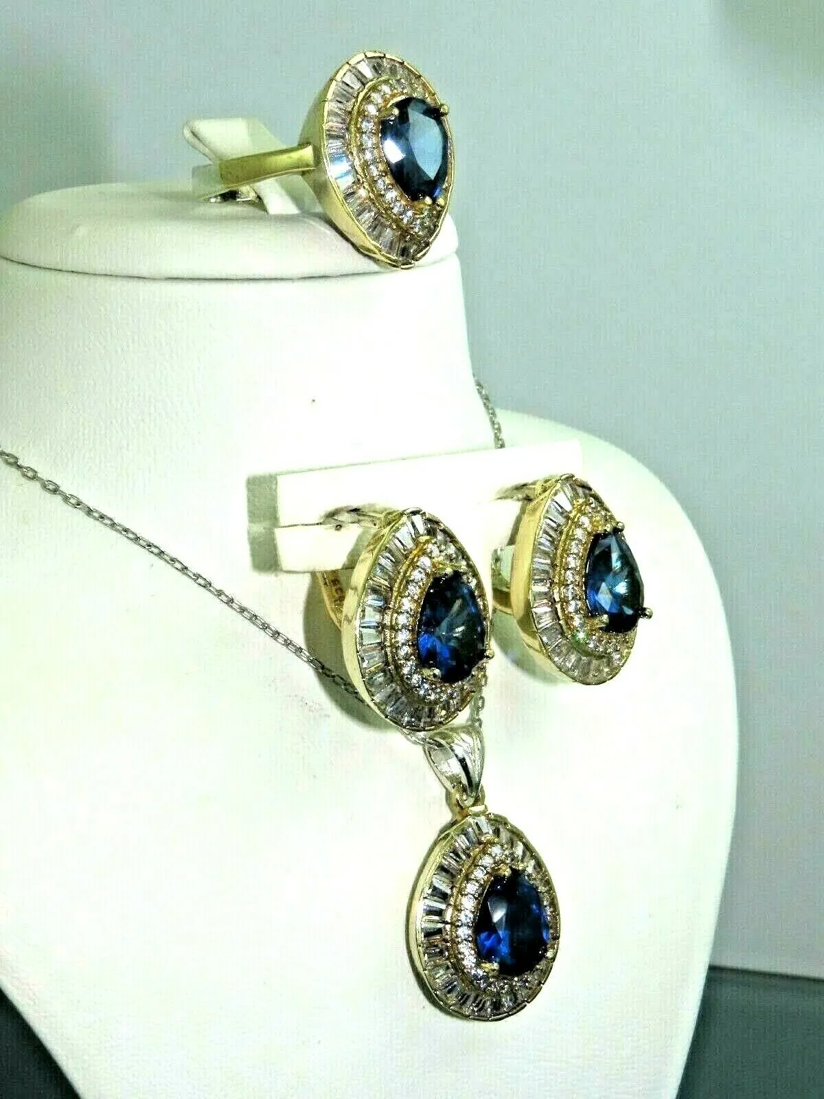 Turkish Handmade Jewelry 925 Sterling Silver Sapphire Stone Women's Earrings, Pendant & Ring Jewelry Set