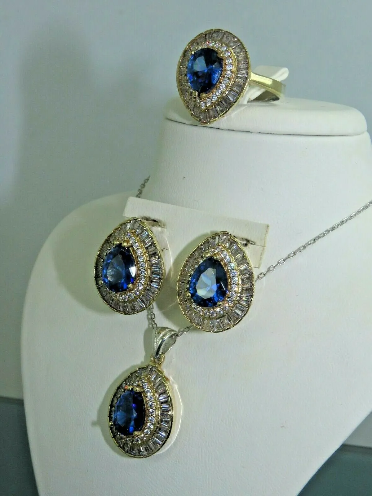 Turkish Handmade Jewelry 925 Sterling Silver Sapphire Stone Women's Earrings, Pendant & Ring Jewelry Set