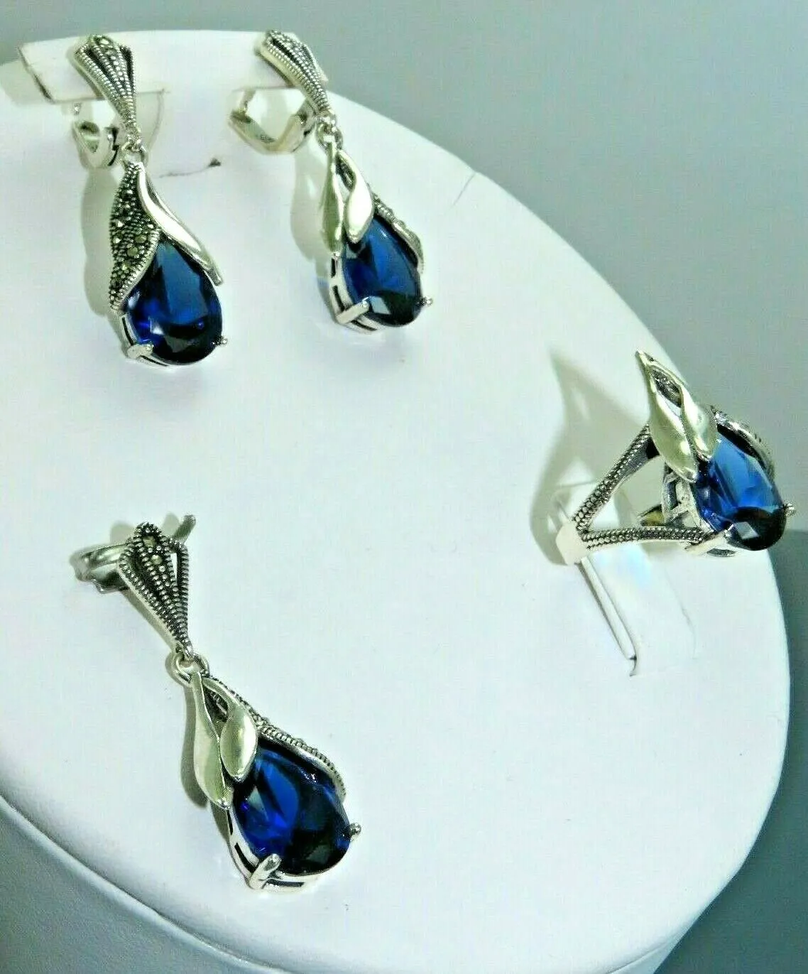 Turkish Handmade Jewelry 925 Sterling Silver Sapphire Stone Women's Earrings, Pendant & Ring Jewelry Set