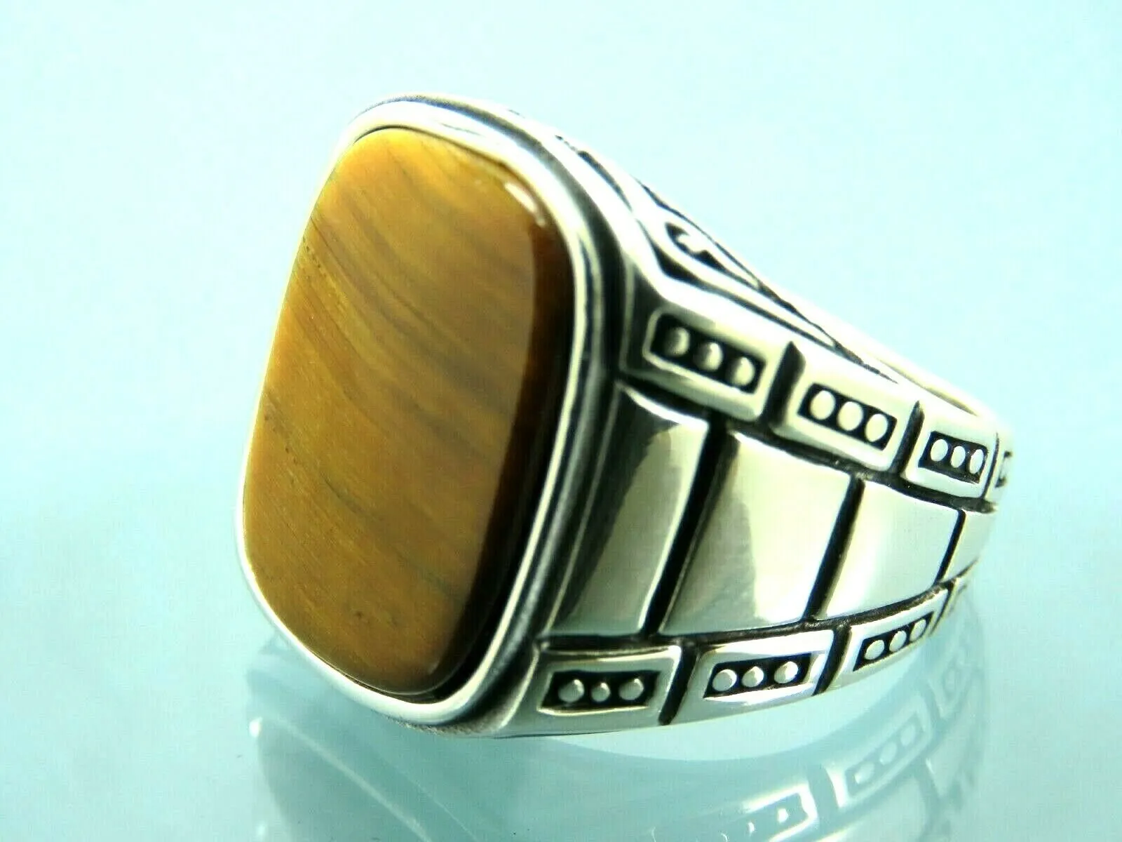 Turkish Handmade Jewelry 925 Sterling Silver Tiger's Eye Stone Mens Rings