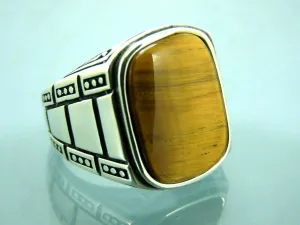 Turkish Handmade Jewelry 925 Sterling Silver Tiger's Eye Stone Mens Rings