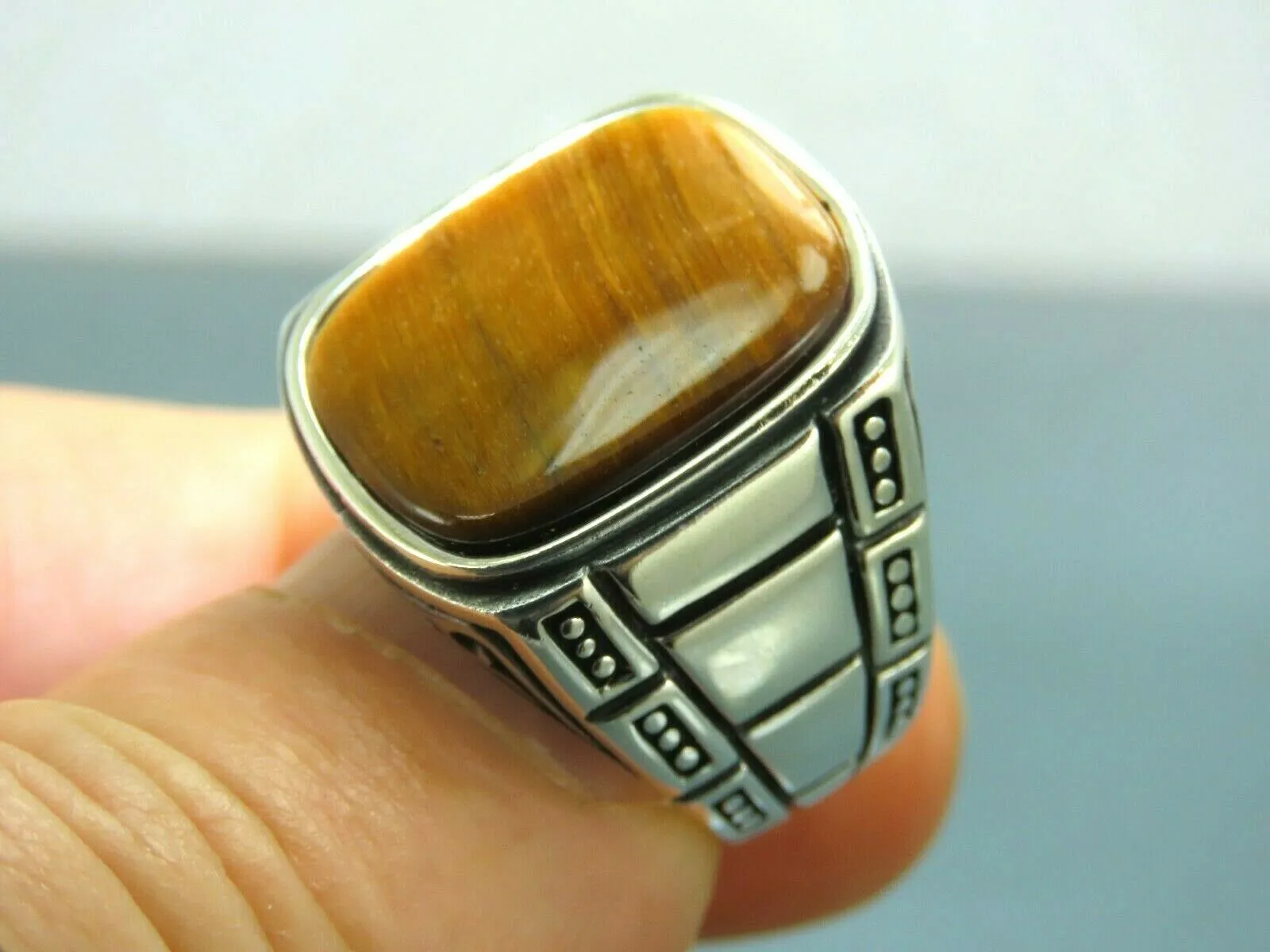 Turkish Handmade Jewelry 925 Sterling Silver Tiger's Eye Stone Mens Rings
