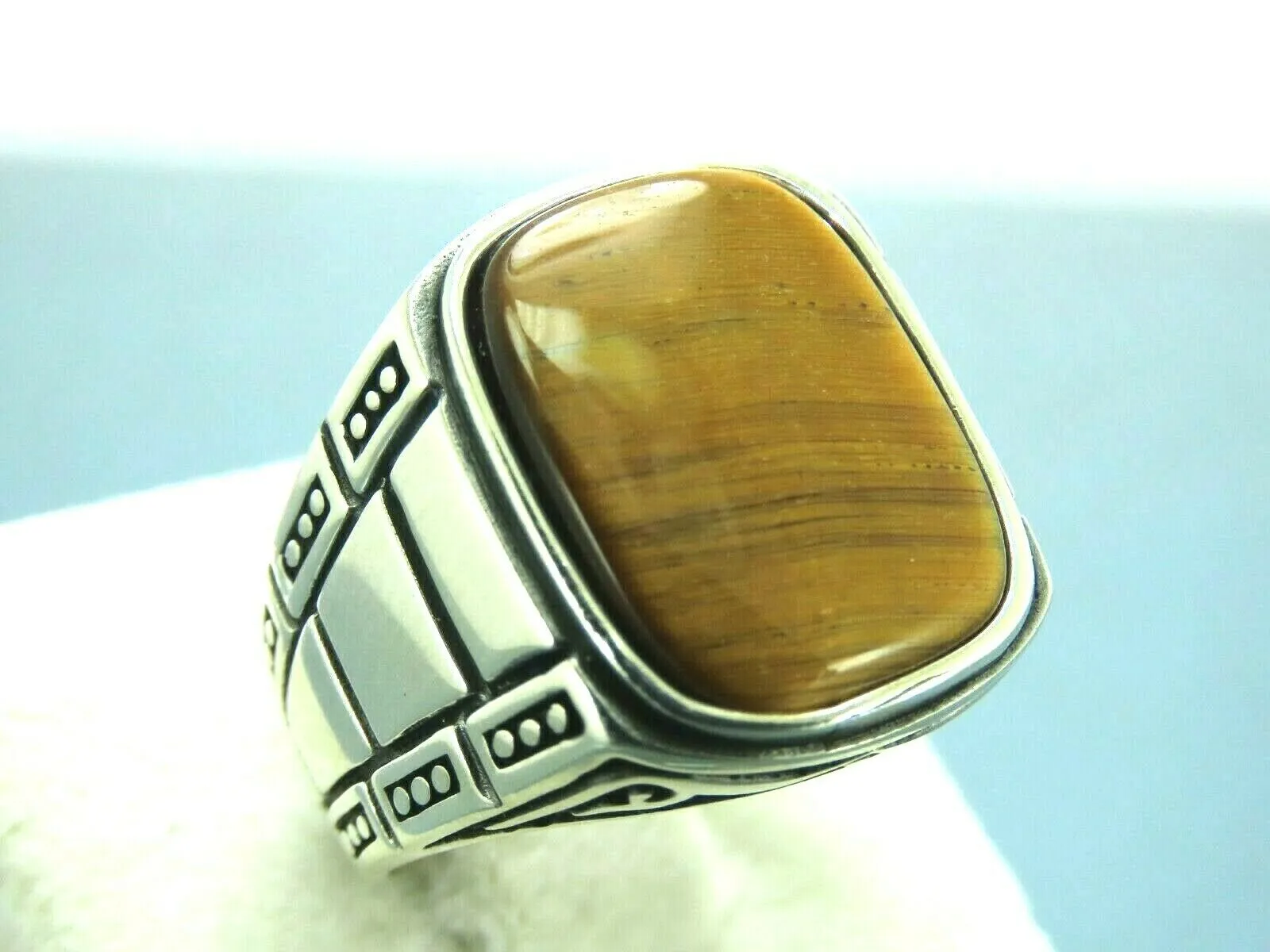 Turkish Handmade Jewelry 925 Sterling Silver Tiger's Eye Stone Mens Rings