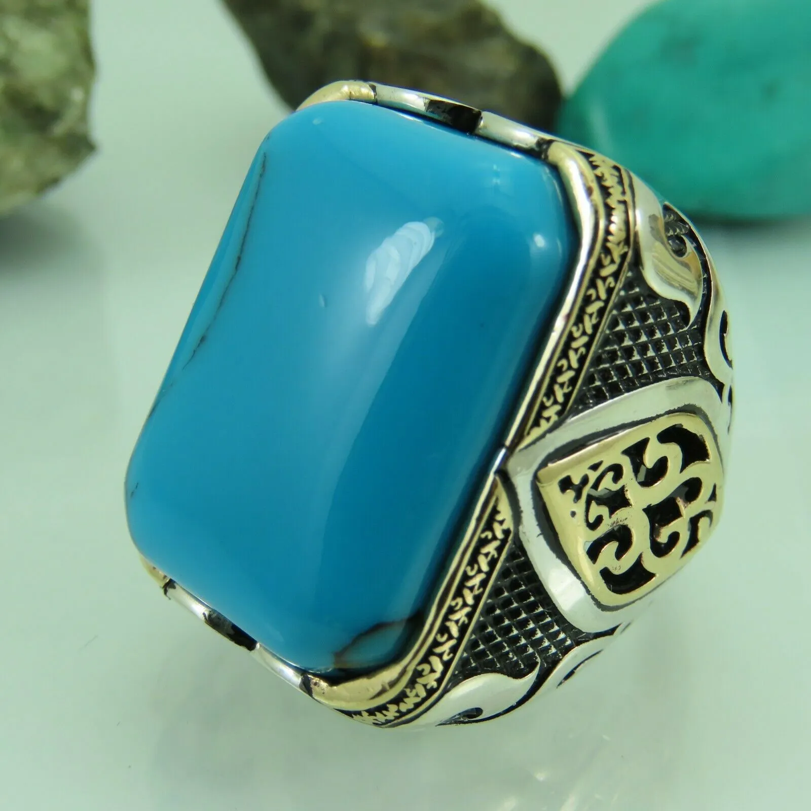 Turkish Handmade Jewelry 925 Sterling Silver Turquoise Stone Men Rings