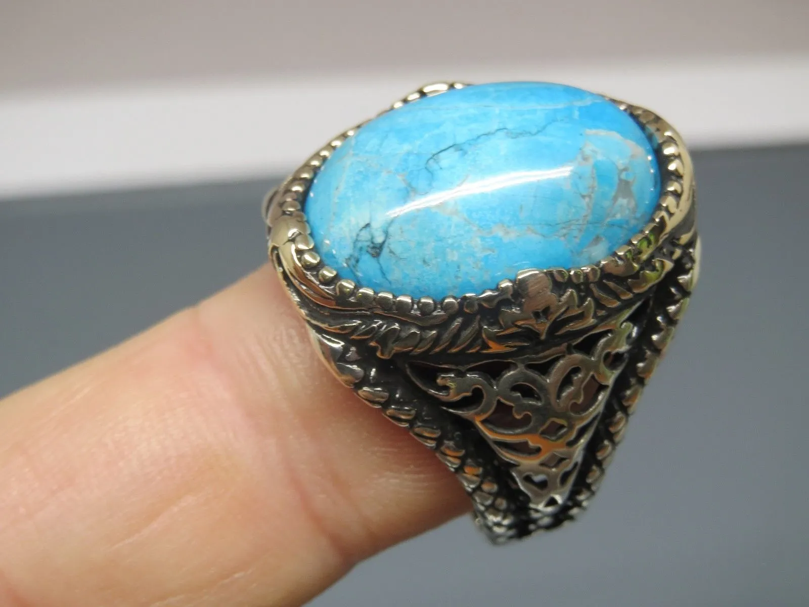 Turkish Handmade Jewelry 925 Sterling Silver Turquoise Stone Mens Rings