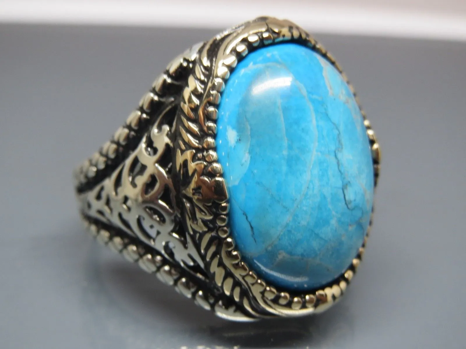 Turkish Handmade Jewelry 925 Sterling Silver Turquoise Stone Mens Rings