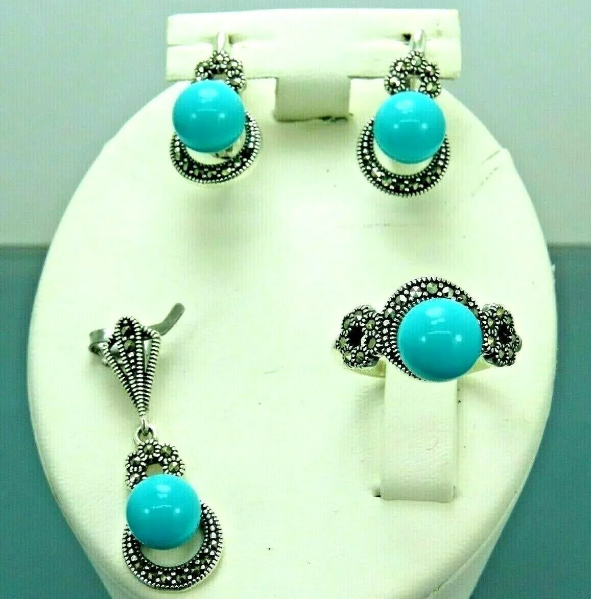 Turkish Handmade Jewelry 925 Sterling Silver Turquoise Stone Women's Earrings, Pendant & Ring Jewelry Set