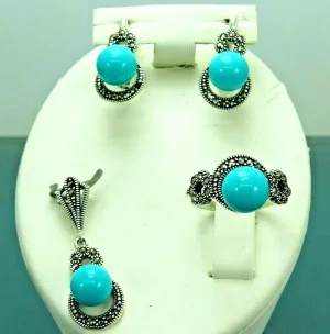 Turkish Handmade Jewelry 925 Sterling Silver Turquoise Stone Women's Earrings, Pendant & Ring Jewelry Set