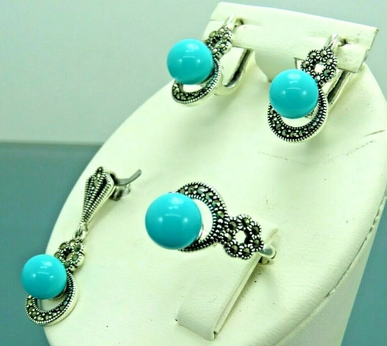 Turkish Handmade Jewelry 925 Sterling Silver Turquoise Stone Women's Earrings, Pendant & Ring Jewelry Set