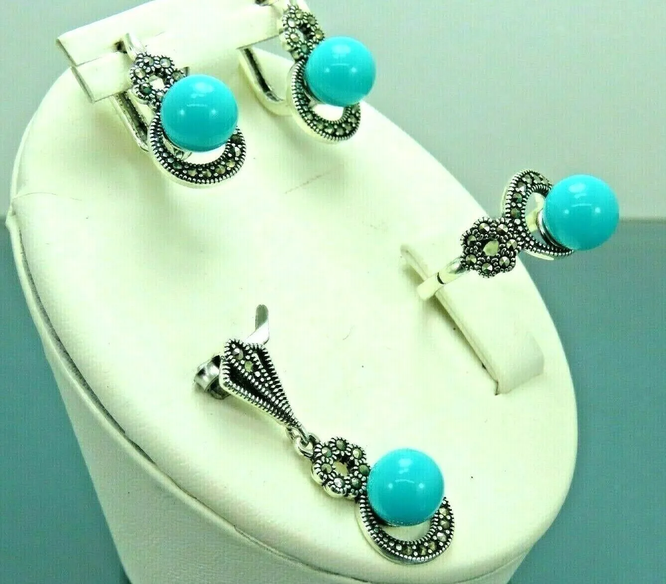 Turkish Handmade Jewelry 925 Sterling Silver Turquoise Stone Women's Earrings, Pendant & Ring Jewelry Set