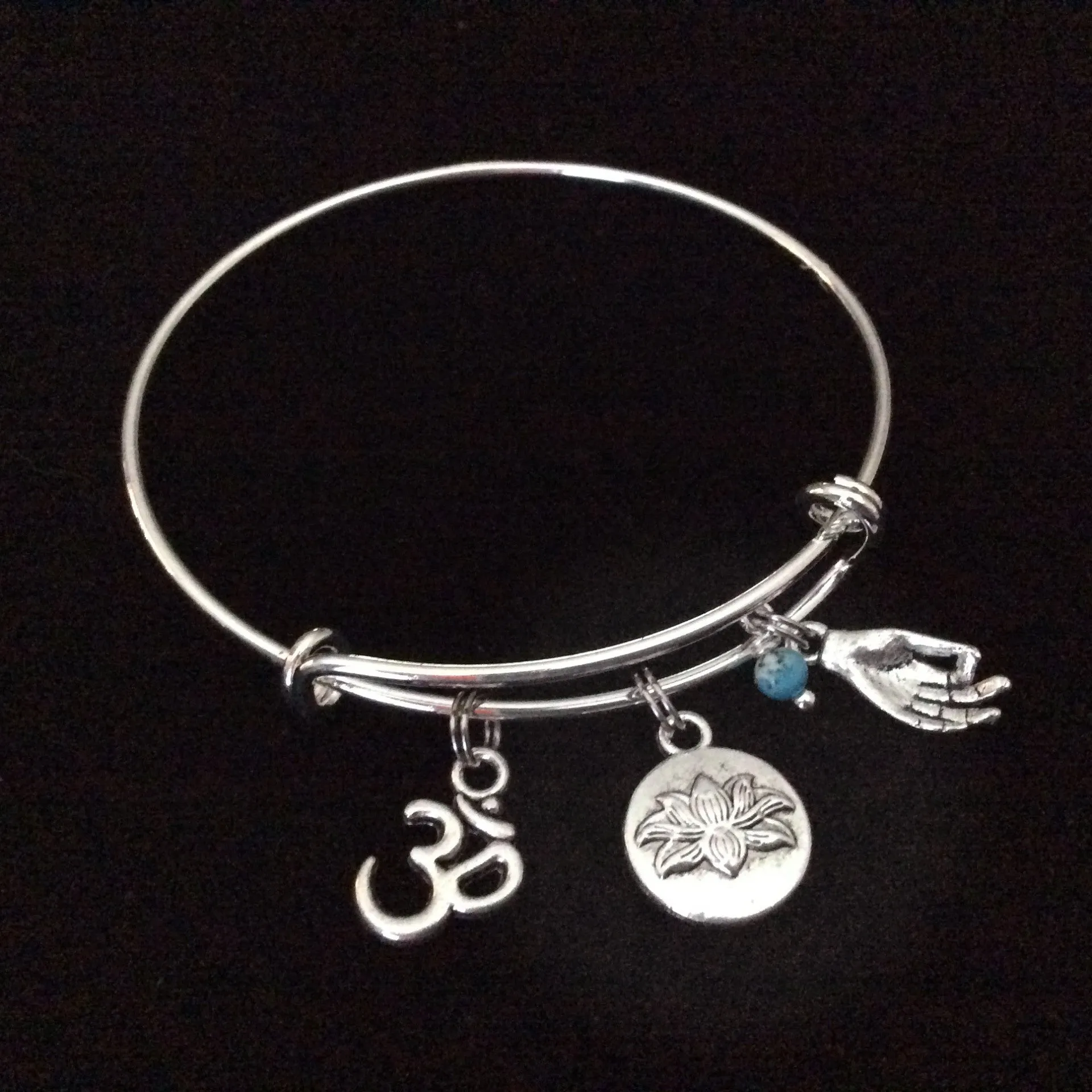 Turquoise Lotus Om Meditation Charm Bracelet Adjustable Expandable Silver Wire Bangle Trendy Yoga Inspired Meaningful Inspirational