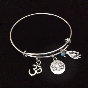 Turquoise Lotus Om Meditation Charm Bracelet Adjustable Expandable Silver Wire Bangle Trendy Yoga Inspired Meaningful Inspirational