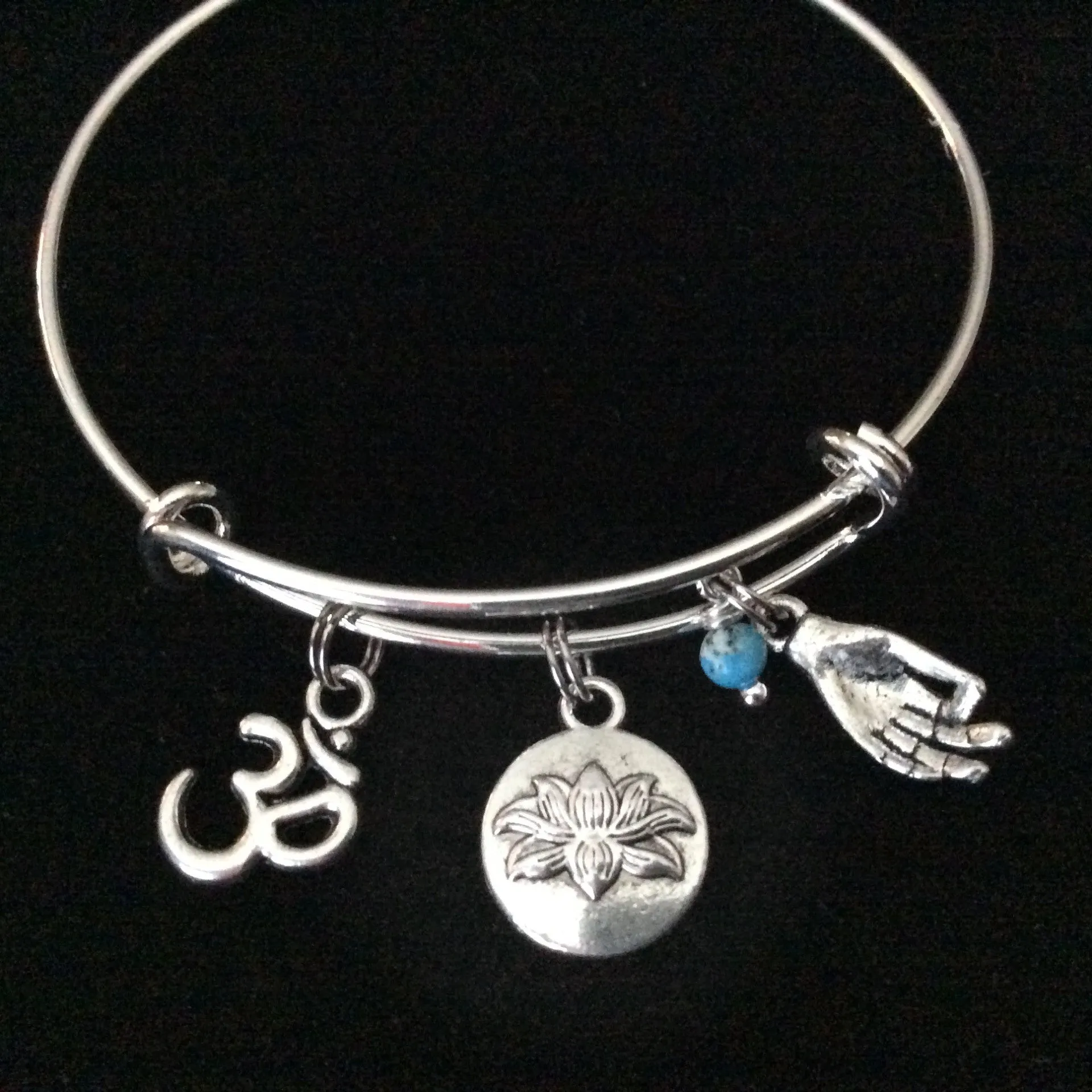Turquoise Lotus Om Meditation Charm Bracelet Adjustable Expandable Silver Wire Bangle Trendy Yoga Inspired Meaningful Inspirational