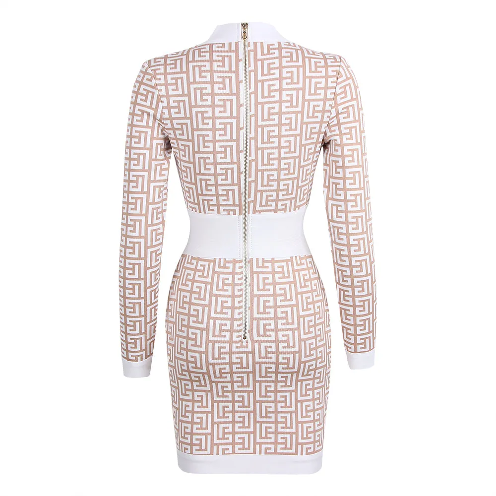 V Neck Long Sleeve Plaid Mini Bandage Dress
