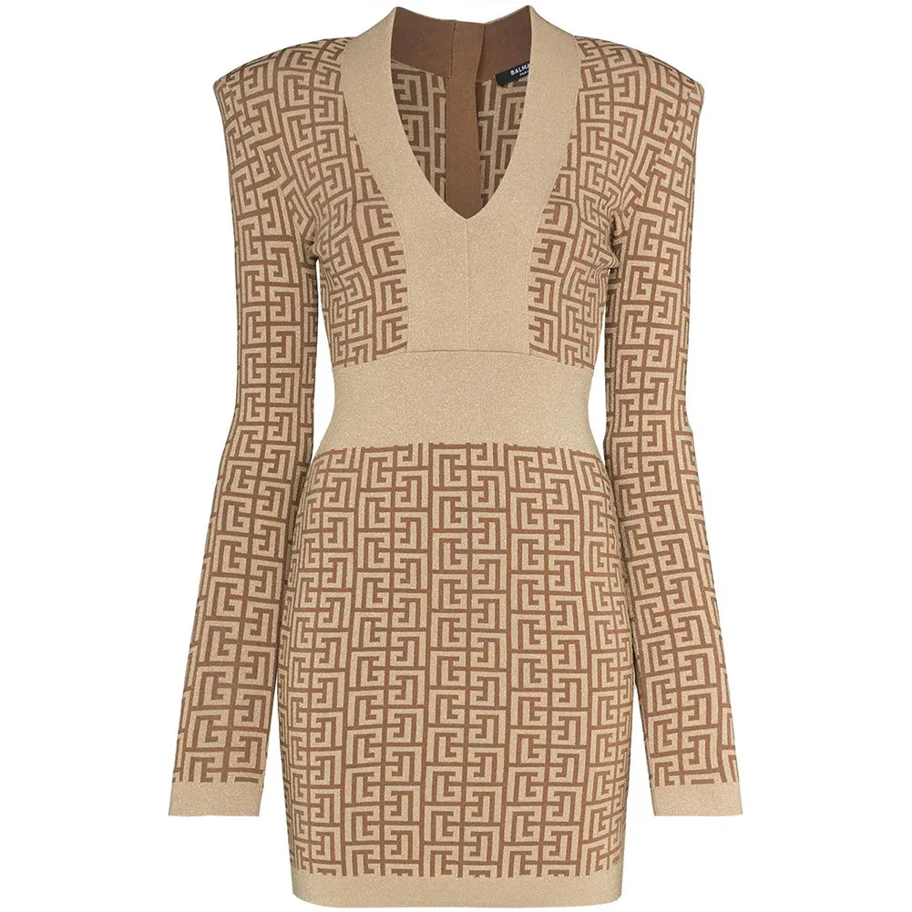V Neck Long Sleeve Plaid Mini Bandage Dress