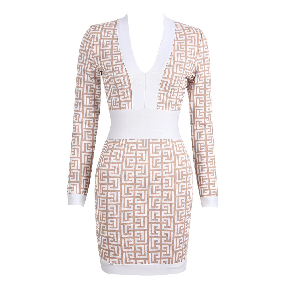 V Neck Long Sleeve Plaid Mini Bandage Dress