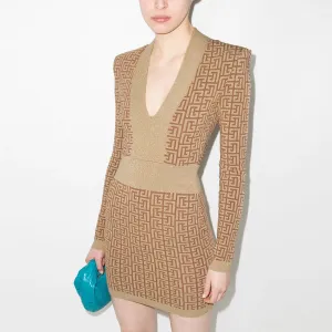 V Neck Long Sleeve Plaid Mini Bandage Dress