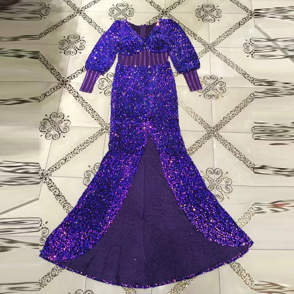 V Neck Long Sleeve Sequined Maxi Bodycon Dress