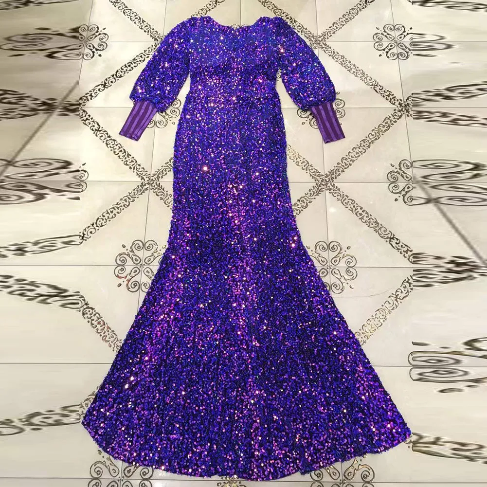 V Neck Long Sleeve Sequined Maxi Bodycon Dress