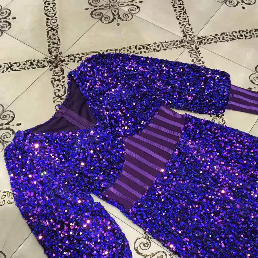 V Neck Long Sleeve Sequined Maxi Bodycon Dress