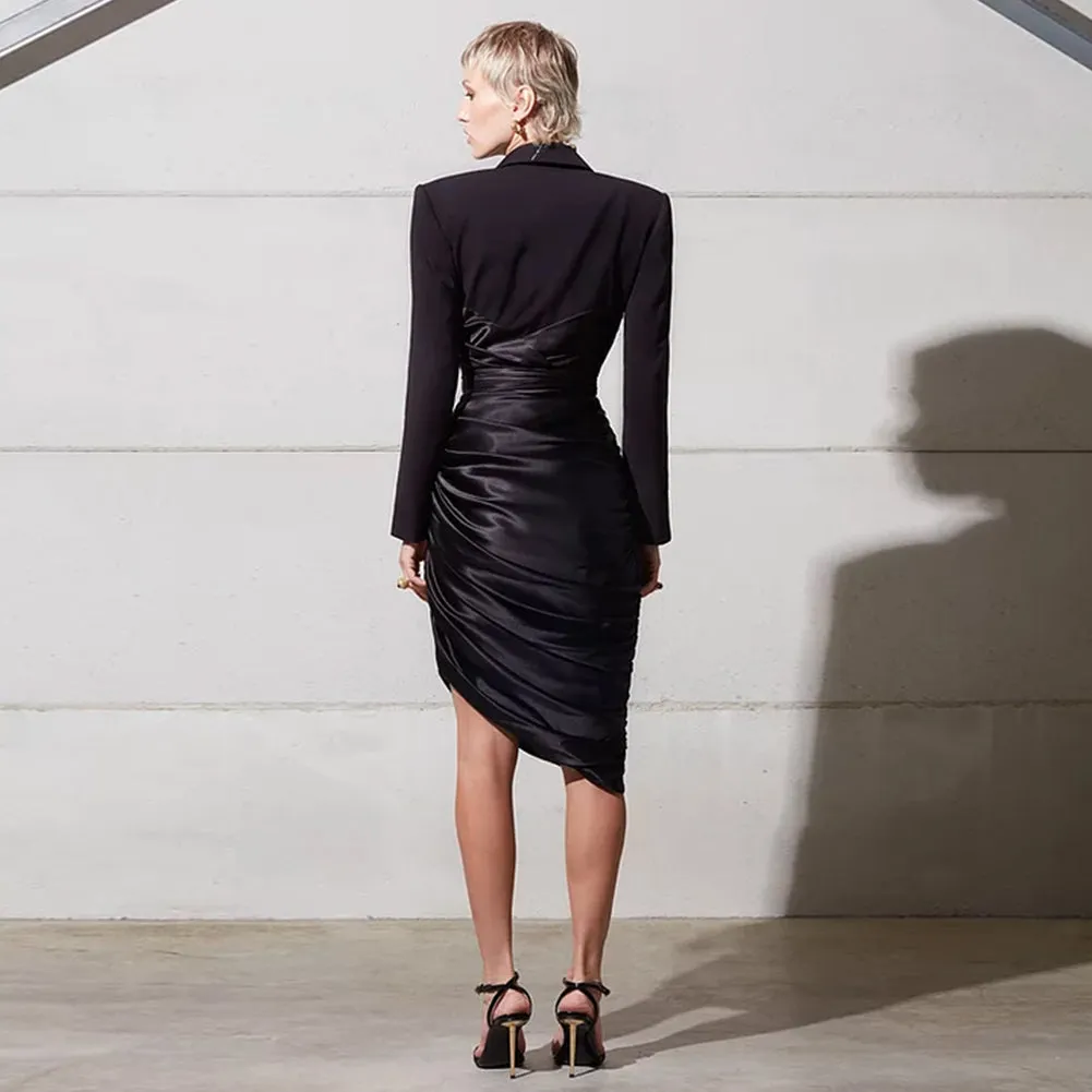 V Neck Long Sleeve Wrinkled Midi Bodycon Dress