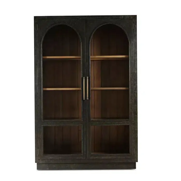 Vannes 2 Door Display Cabinet w/ Glass Shelves in Vintage Black w/ Straw Wash Interior