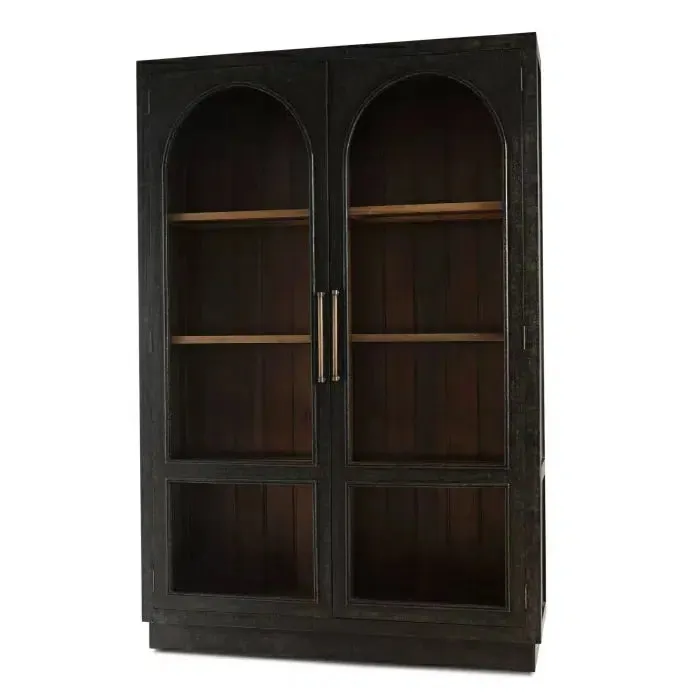 Vannes 2 Door Display Cabinet w/ Glass Shelves in Vintage Black w/ Straw Wash Interior