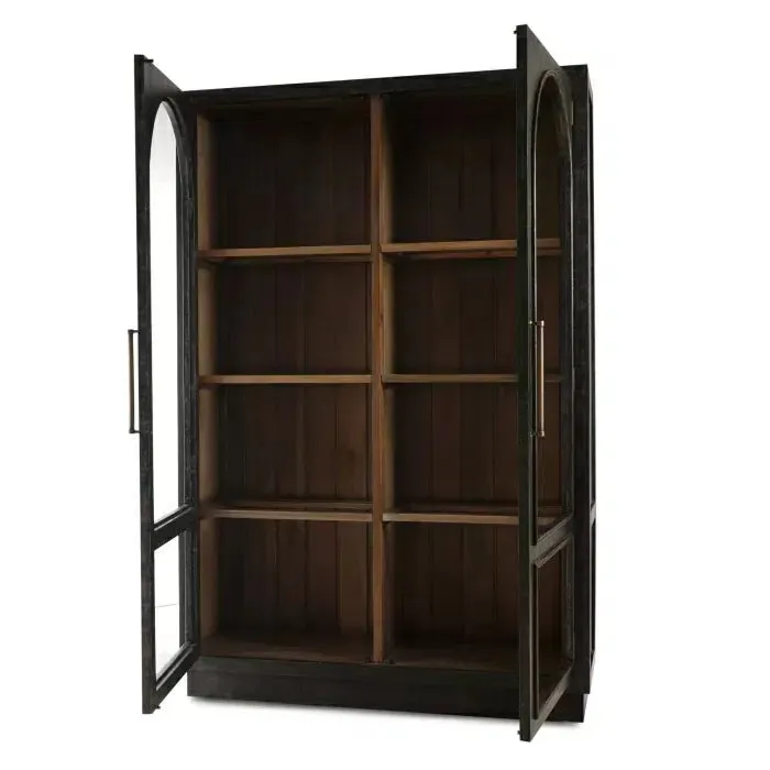 Vannes 2 Door Display Cabinet w/ Glass Shelves in Vintage Black w/ Straw Wash Interior