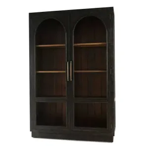 Vannes 2 Door Display Cabinet w/ Glass Shelves in Vintage Black w/ Straw Wash Interior