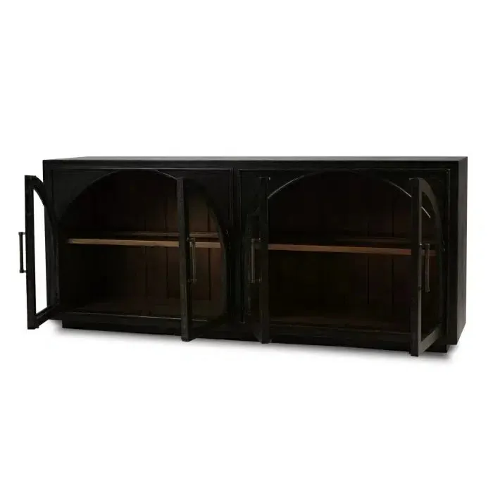 Vannes 4 Door Sideboard w/ Glass Shelves in Vintage Black w/ Straw Wash Interior