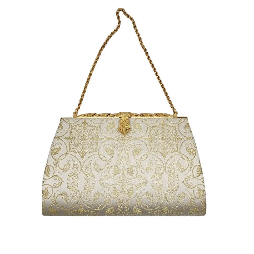Vintage 50s Evening Bag Cream Silk Gold Baroque Print