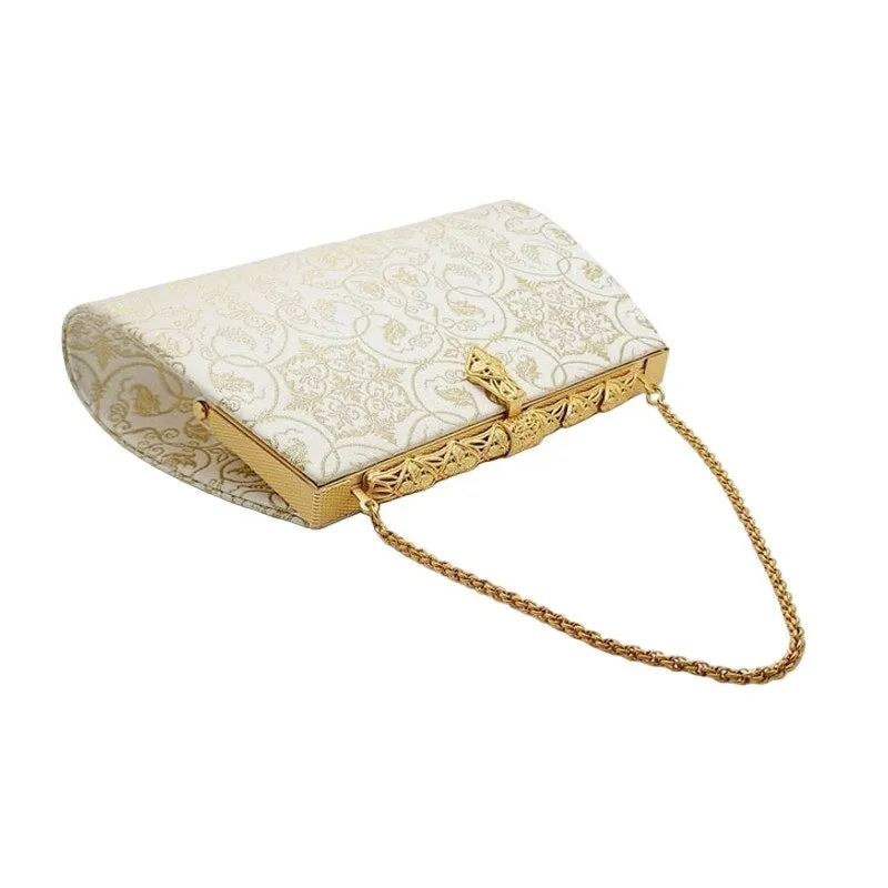 Vintage 50s Evening Bag Cream Silk Gold Baroque Print