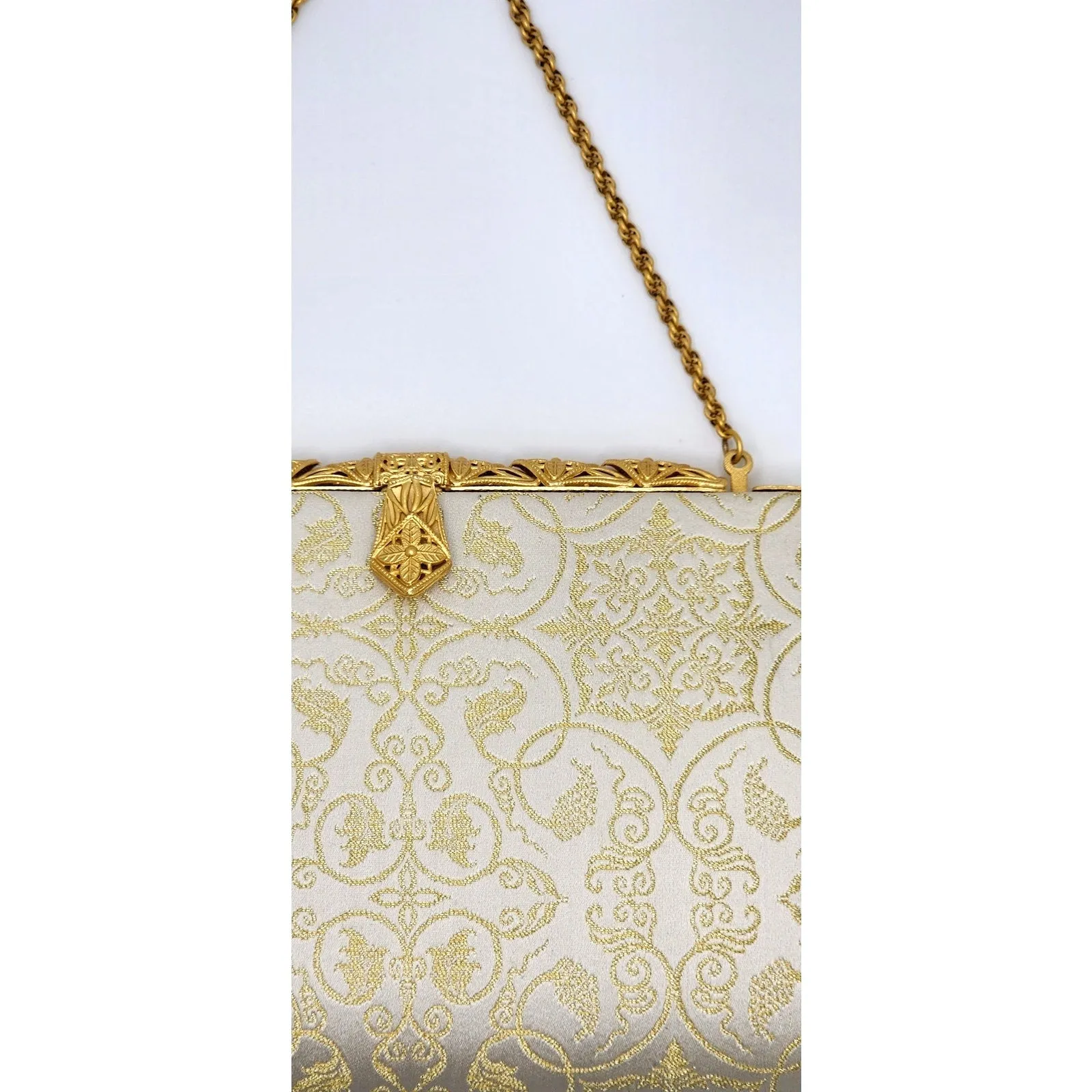 Vintage 50s Evening Bag Cream Silk Gold Baroque Print
