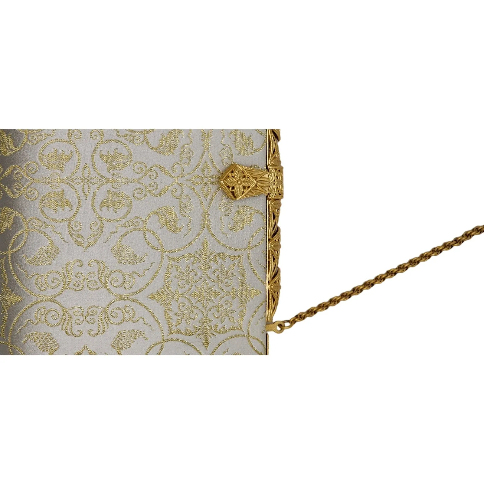 Vintage 50s Evening Bag Cream Silk Gold Baroque Print